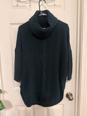 Express Women's Dark Teal Cable Turtleneck Poncho Sweater